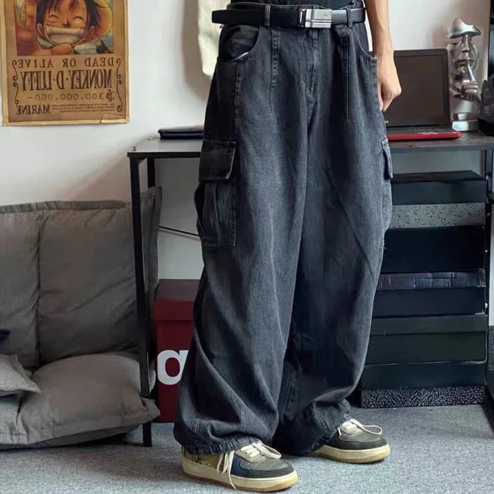 Men's Oversize Cargo Korean Black Wide Pants