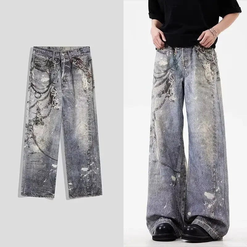 Men's 3D Chain Printed Baggy Jeans