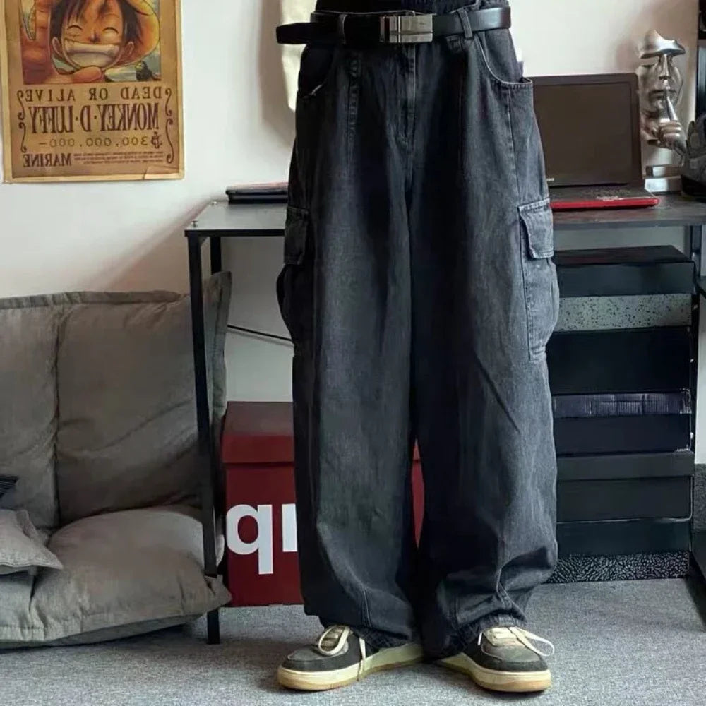 Men's Oversize Cargo Korean Black Wide Pants