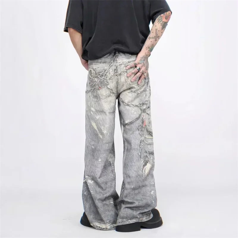 Men's 3D Chain Printed Baggy Jeans