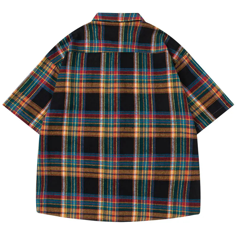 Streetwear Rainbow Plaid Button Up Short Sleeve Shirt