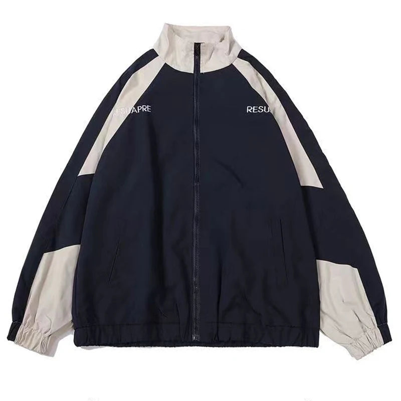 Men High Street Patchwork Color Black Windbreaker Jackets