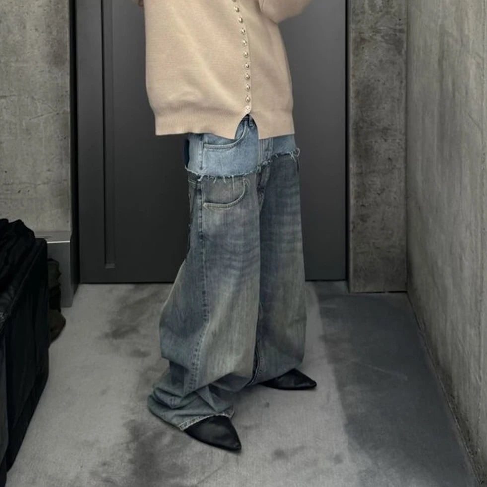 Double-Layer Double Waist Patchwork Baggy Jeans for Men