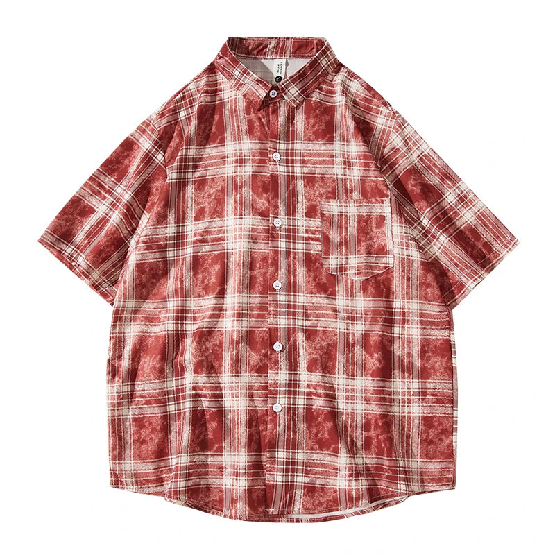 Mens Plaid Loose Fit Short Sleeve Shirt Casual High Street Trend
