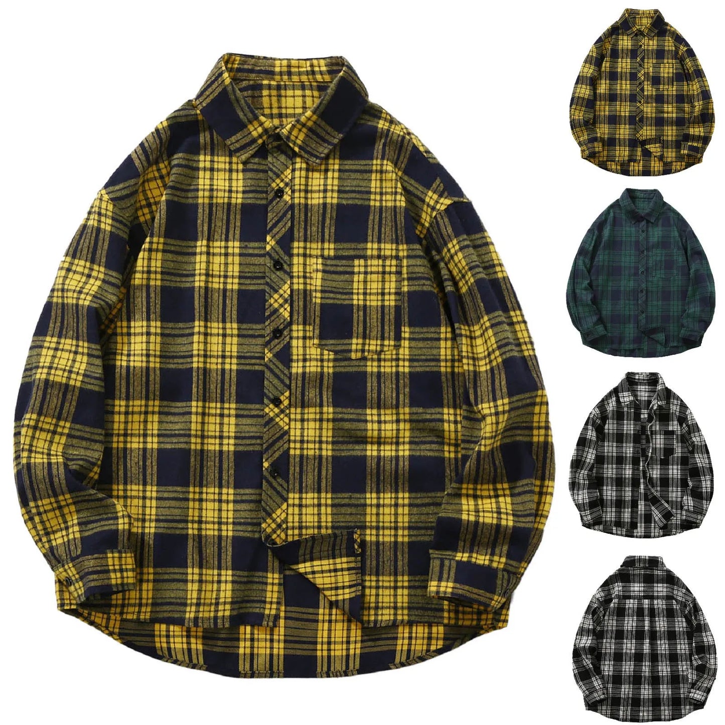 Men's Loose And Handsome Plaid Long Sleeved Shirt