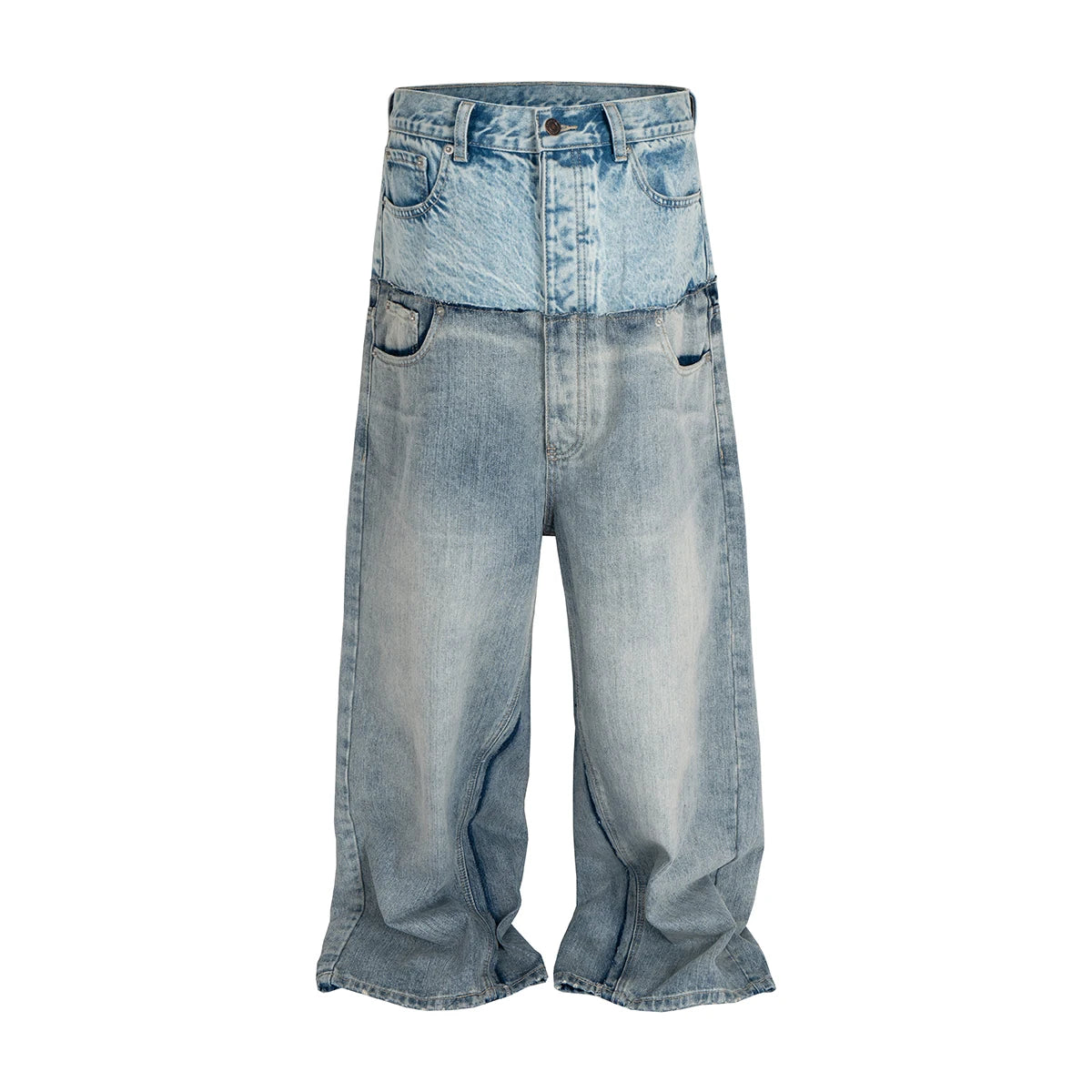 Double-Layer Double Waist Patchwork Baggy Jeans for Men