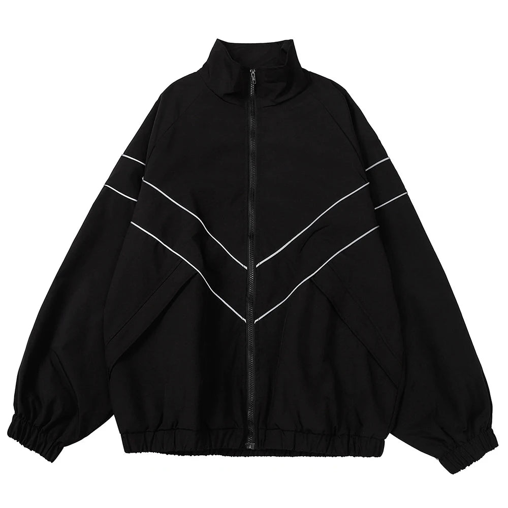 Men High Street Patchwork Color Black Windbreaker Jackets