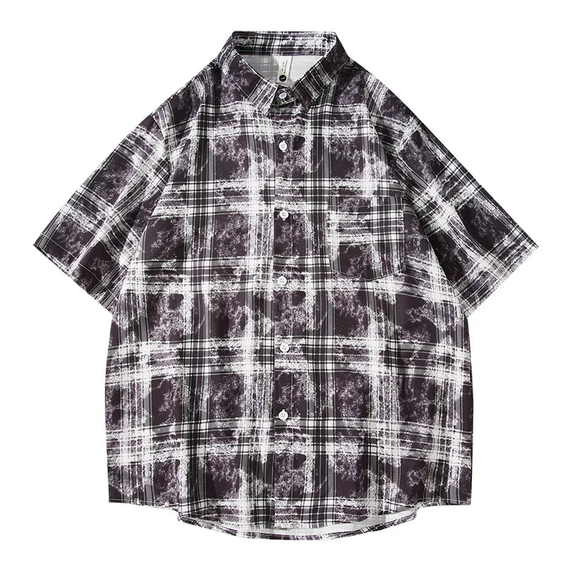 Mens Plaid Loose Fit Short Sleeve Shirt Casual High Street Trend