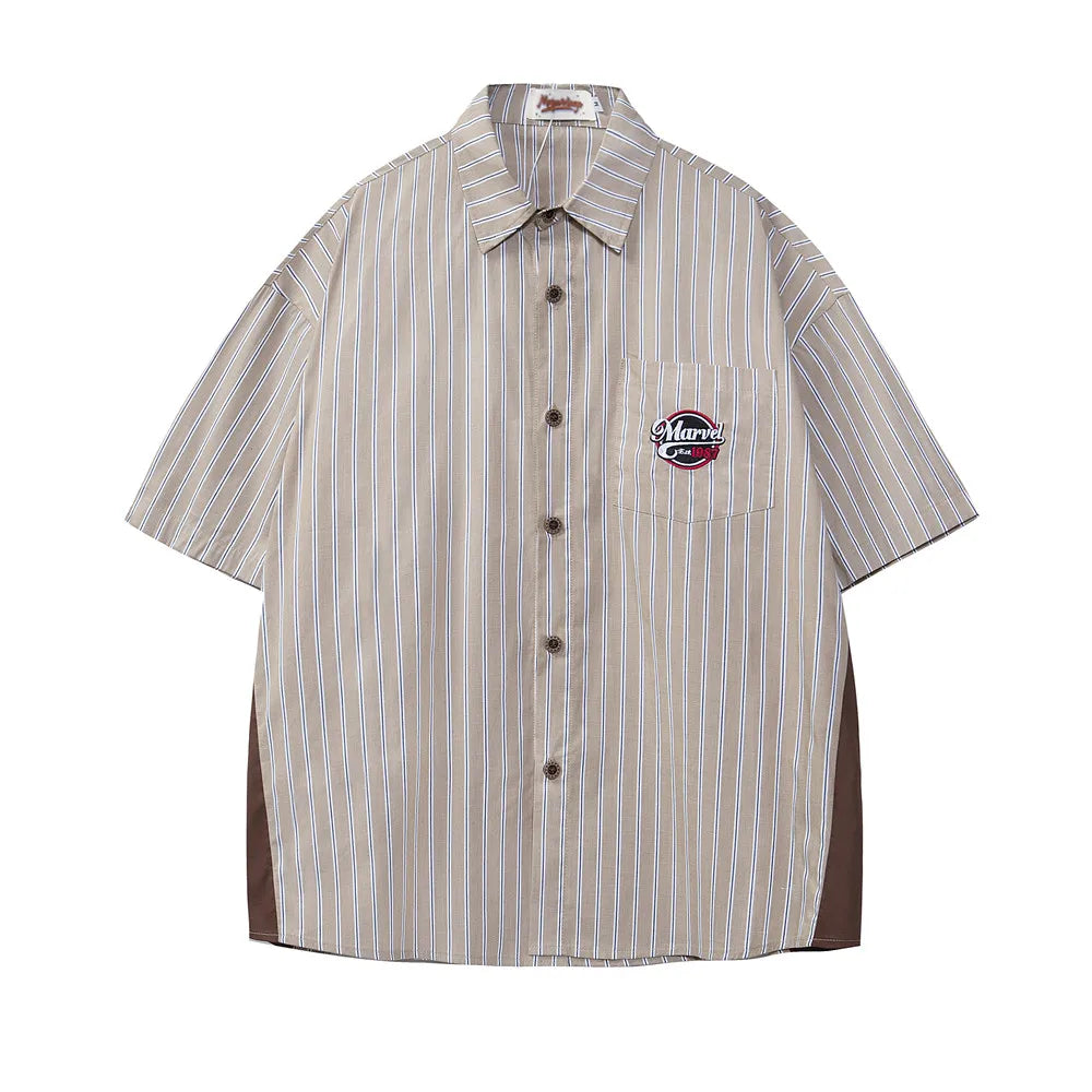 Striped Patchwork Short Sleeve Shirts Mens Vintage Streetwear