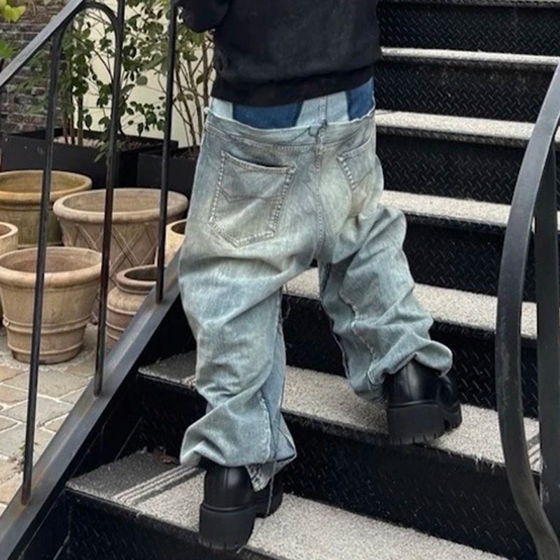 Double-Layer Double Waist Patchwork Baggy Jeans for Men