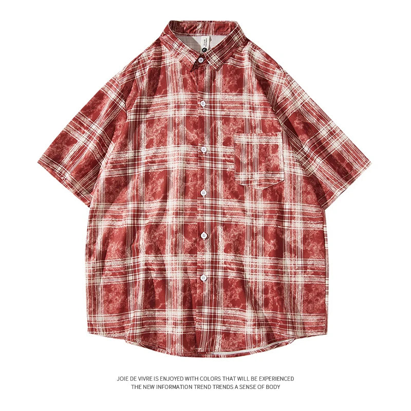 Mens Plaid Loose Fit Short Sleeve Shirt Casual High Street Trend