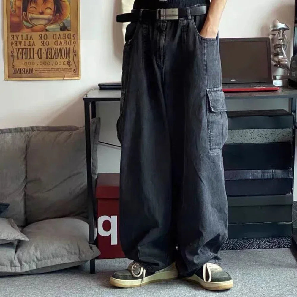 Men's Oversize Cargo Korean Black Wide Pants