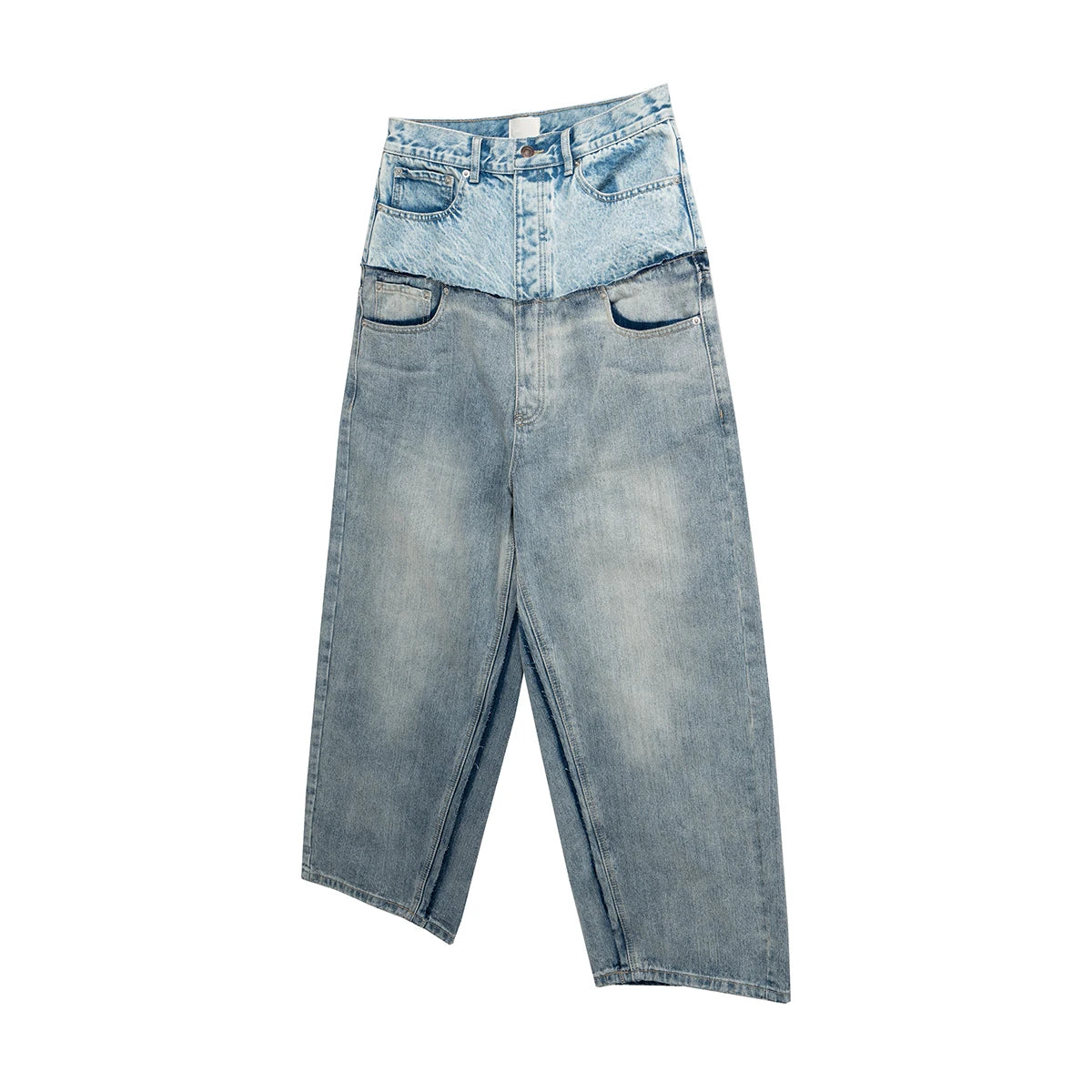 Double-Layer Double Waist Patchwork Baggy Jeans for Men