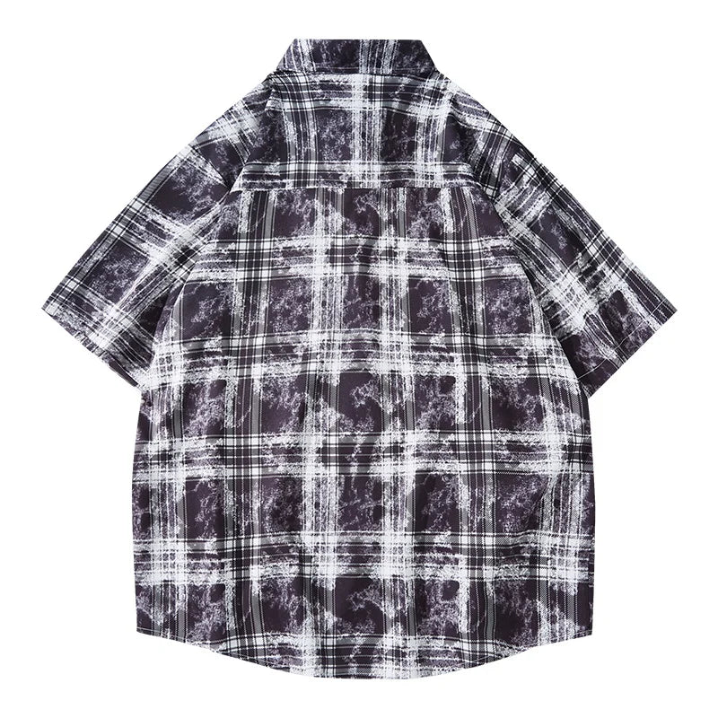 Mens Plaid Loose Fit Short Sleeve Shirt Casual High Street Trend