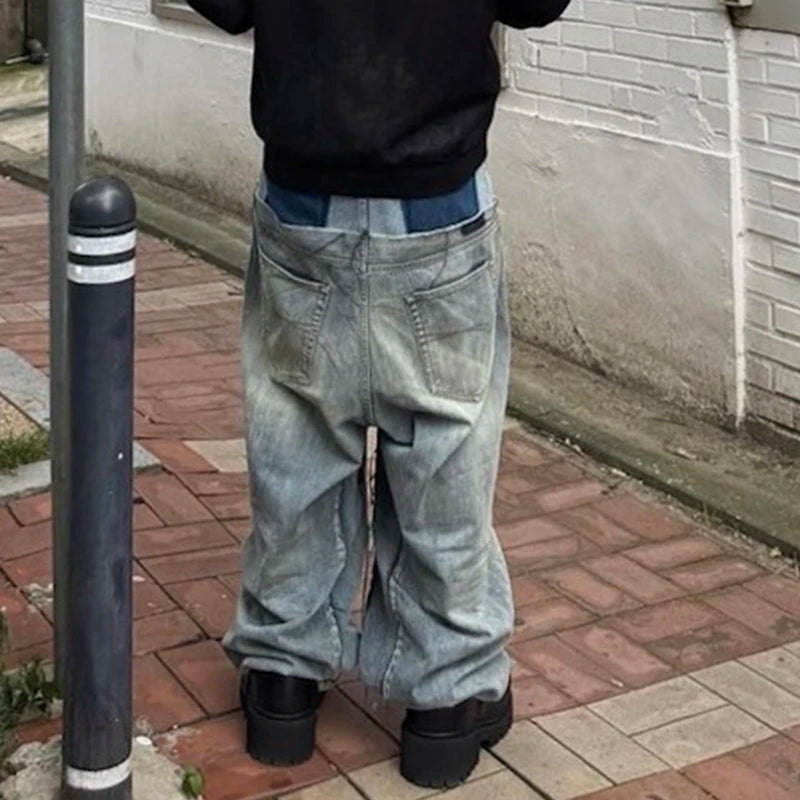 Double-Layer Double Waist Patchwork Baggy Jeans for Men