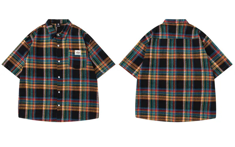 Streetwear Rainbow Plaid Button Up Short Sleeve Shirt