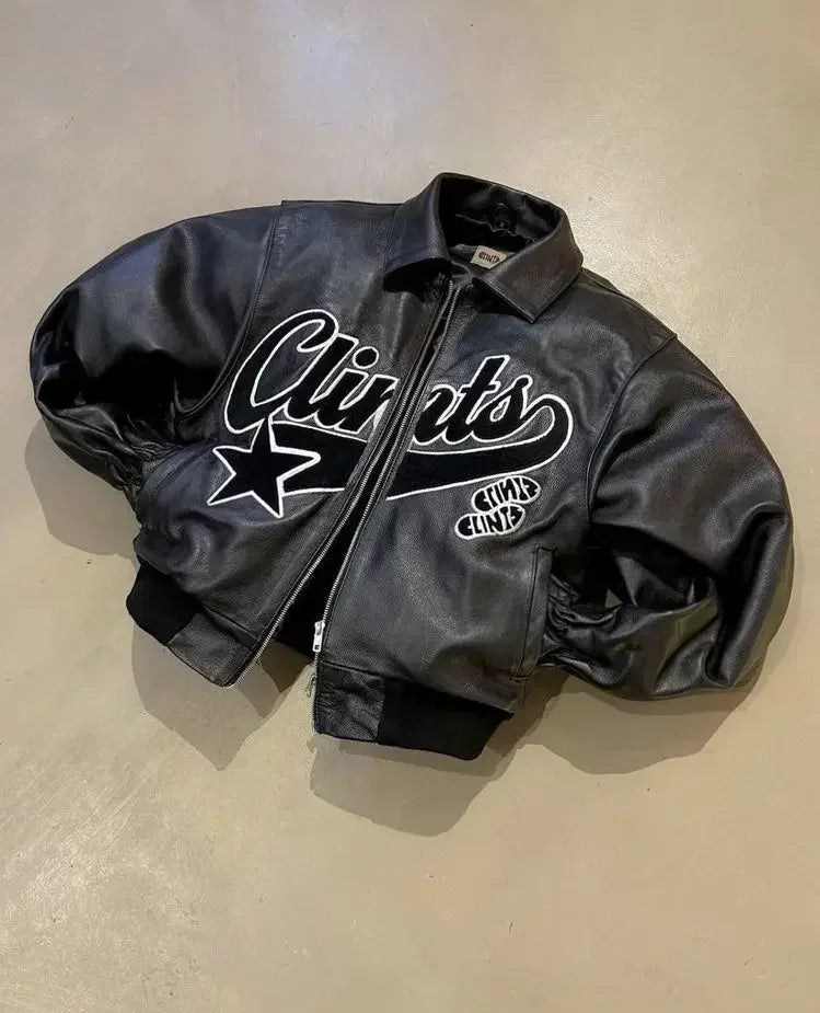 Mens Hip Hop Leather Retro Embroidery Jacket Motorcycle Wear
