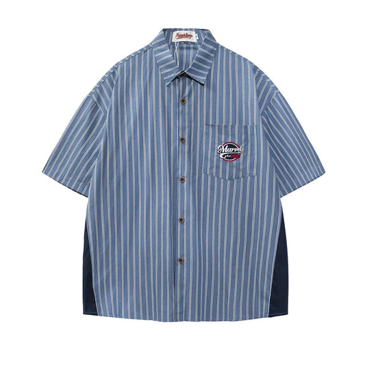 Striped Patchwork Short Sleeve Shirts Mens Vintage Streetwear