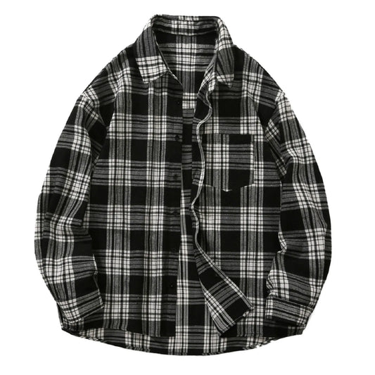 Men's Loose And Handsome Plaid Long Sleeved Shirt