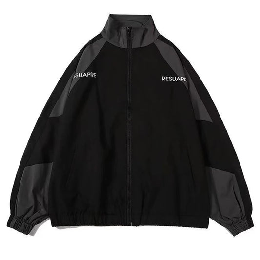 Men High Street Patchwork Color Black Windbreaker  Jackets