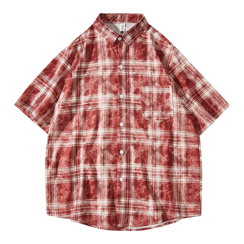 Mens Plaid Loose Fit Short Sleeve Shirt Casual High Street Trend
