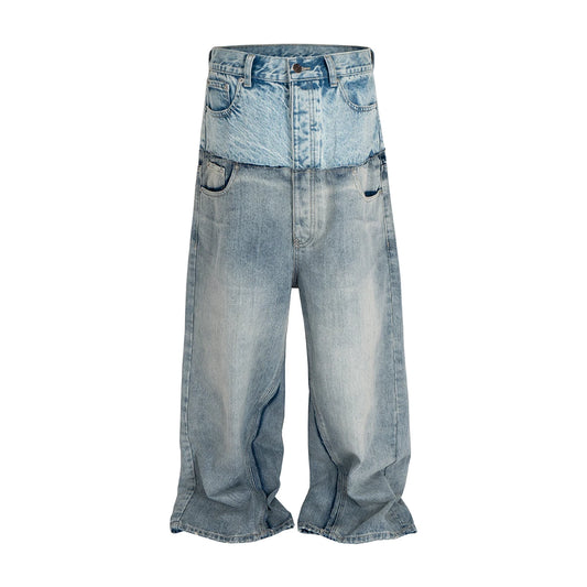 Double-Layer Double Waist Patchwork Baggy Jeans for Men
