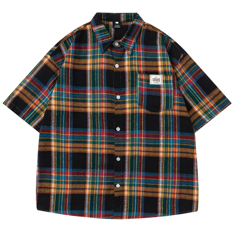 Streetwear Rainbow Plaid Button Up Short Sleeve Shirt