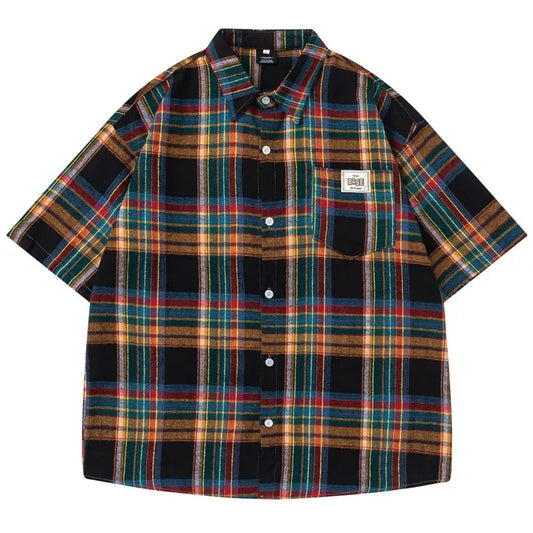 Streetwear Rainbow Plaid Button Up Short Sleeve Shirt