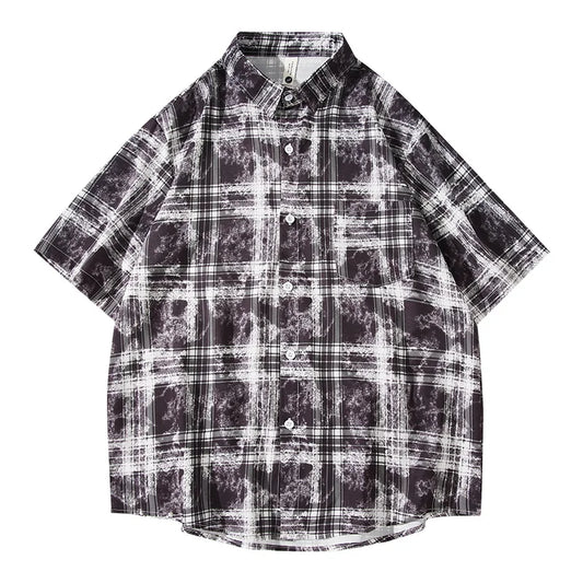 Mens Plaid Loose Fit Short Sleeve Shirt Casual High Street Trend